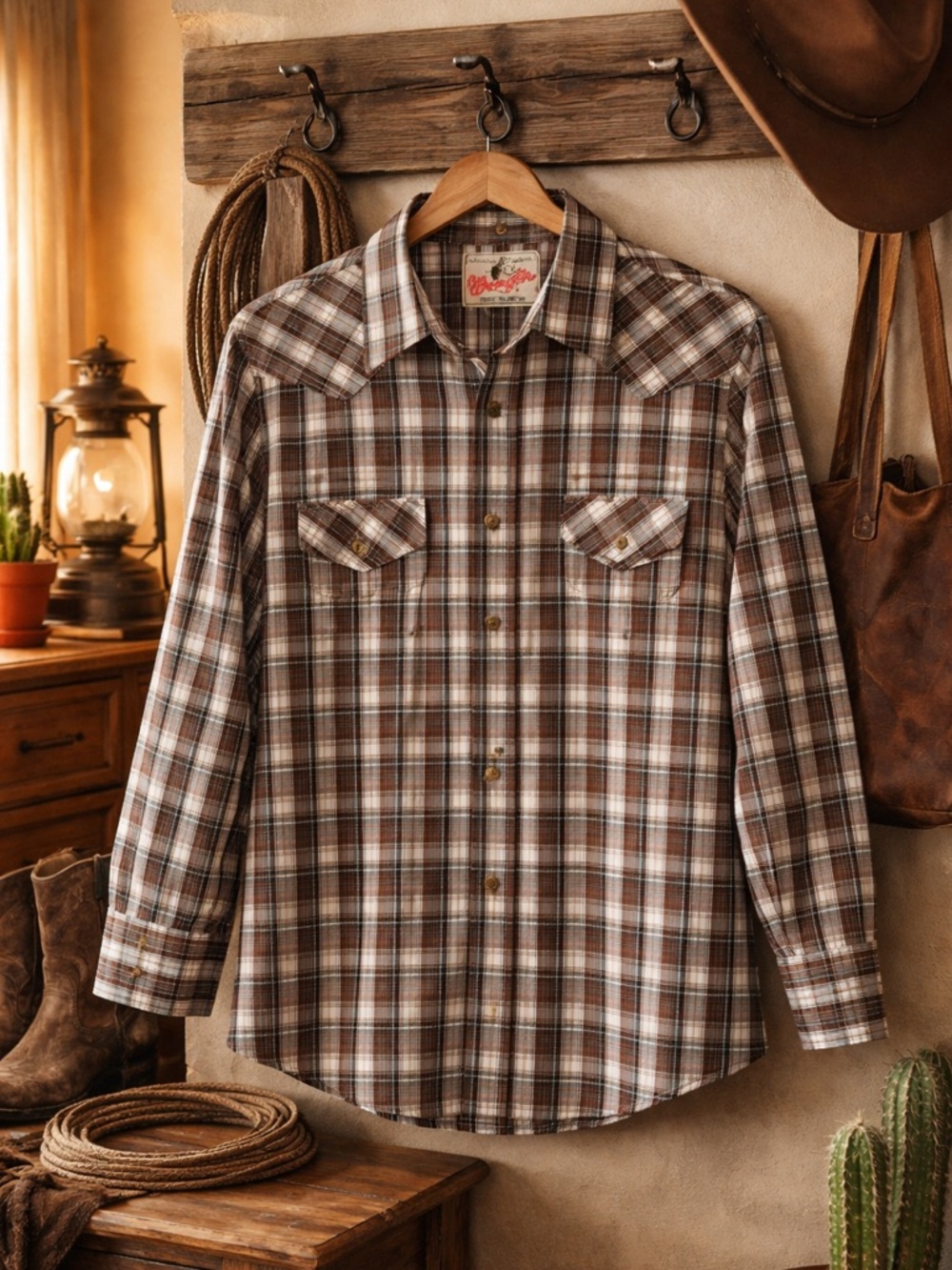 Wrangler Western Pearl Snap Plaid Shirt XL Brown Cowboy Ranch